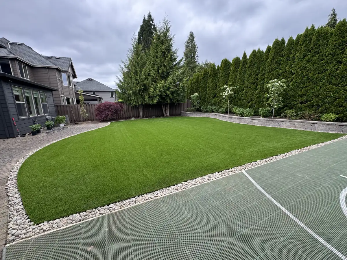 Pet-friendly artificial turf backyard installation